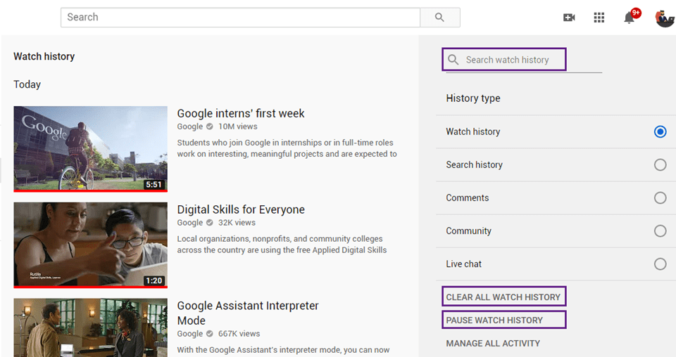 search, clear or disable youtube history