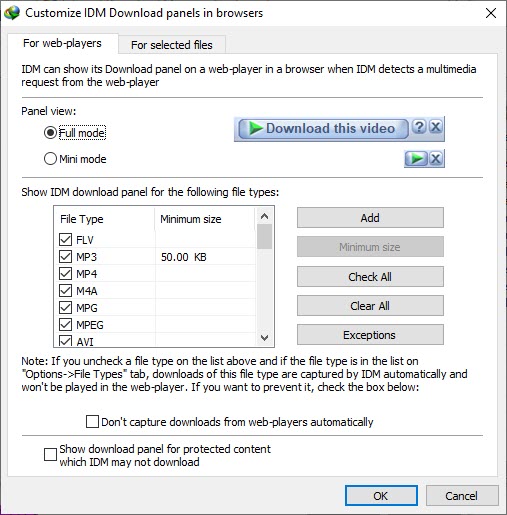 Internet Download Manager browser panel